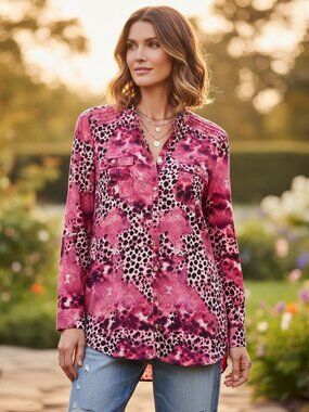 Jaclyn Smith L Pink Black Animal Print Button Top Tunic Indie Boho Eclectic